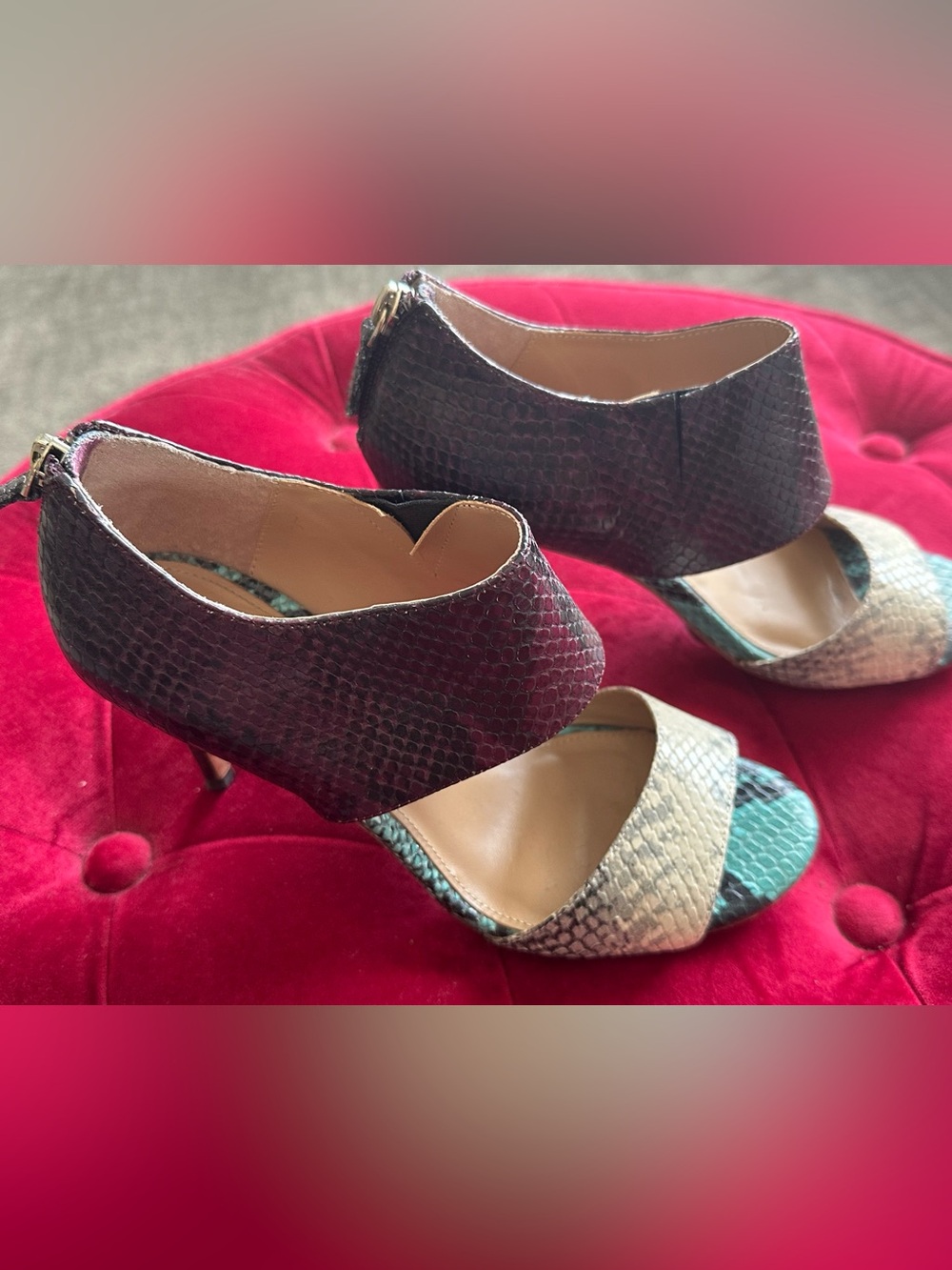 Elaine Turner Multicolor Snake-Print Open-Toe Heels in Burgundy, Cream & Teal